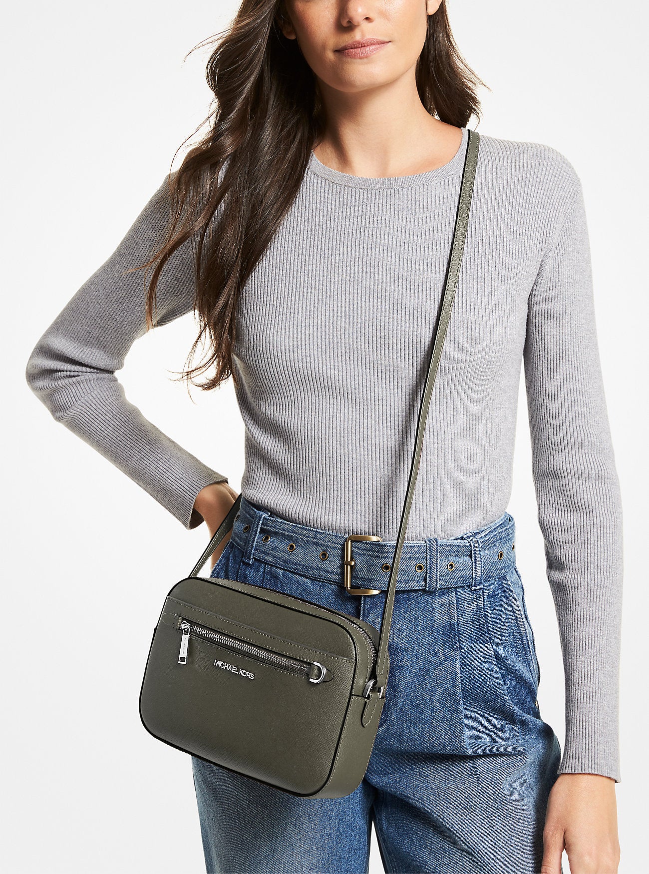 Jet Set Large Saffiano Leather Crossbody Bag (Olive)