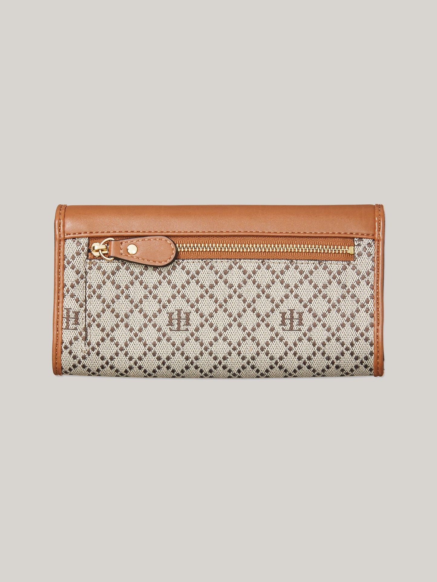 Gold-Tone Monogram Flap Wallet (Tan / Dark Chocolate)