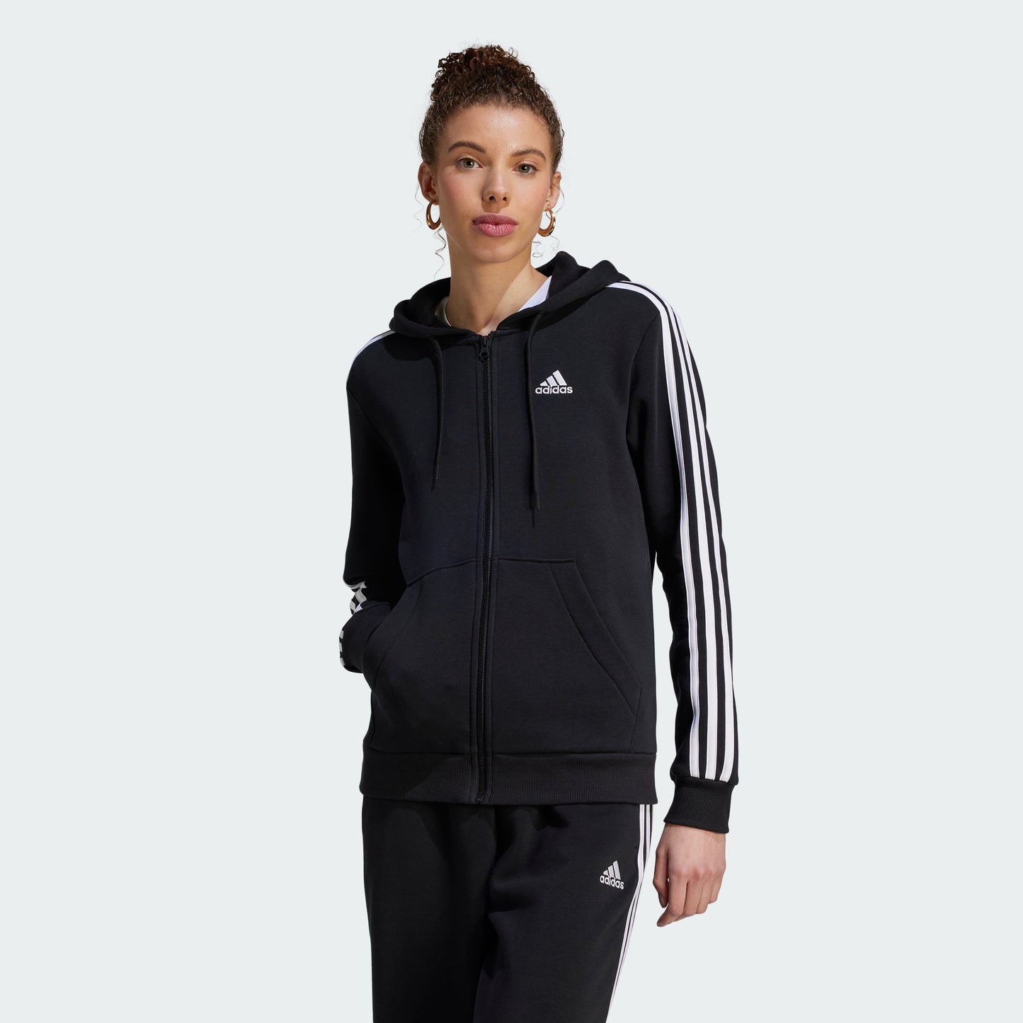 Essentials 3-Stripes Full-Zip Fleece Hoodie (Black / White)