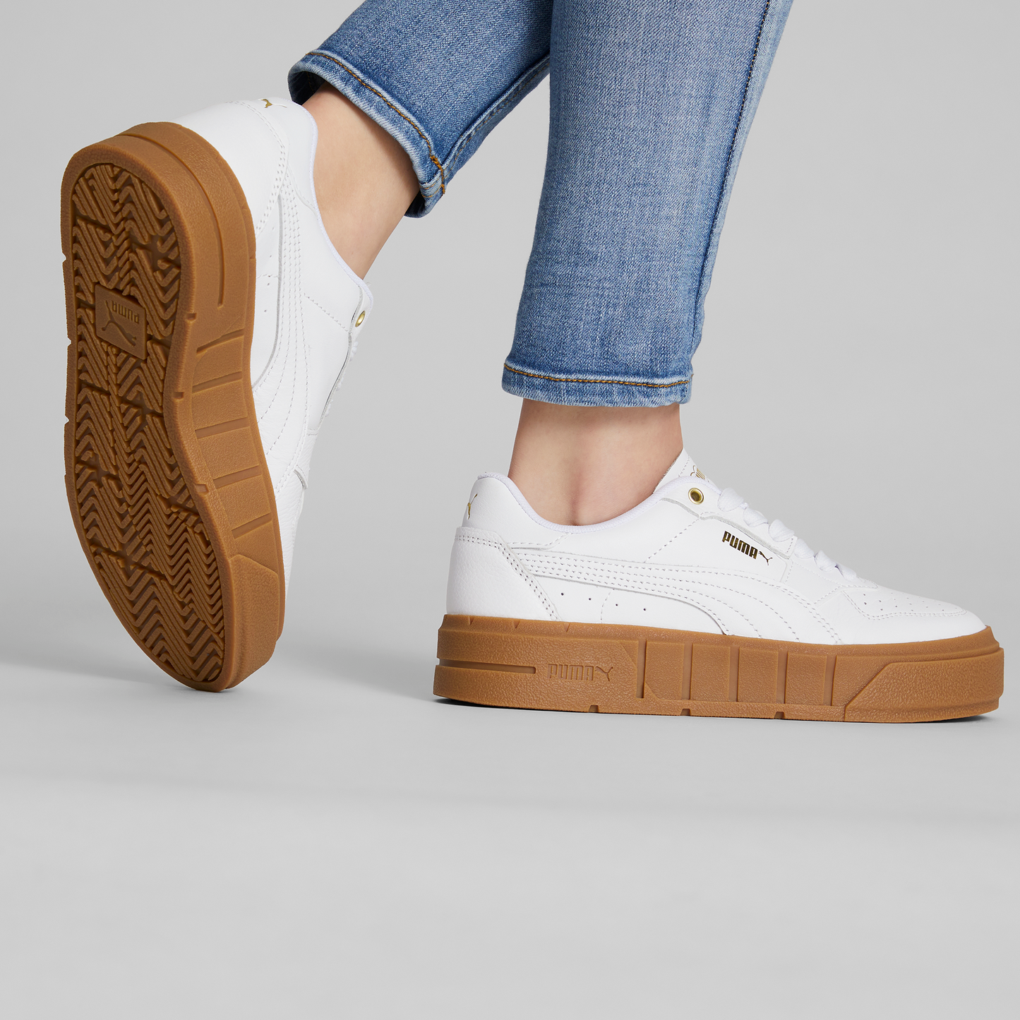 Cali Court Leather Sneakers (White / White / Gold)