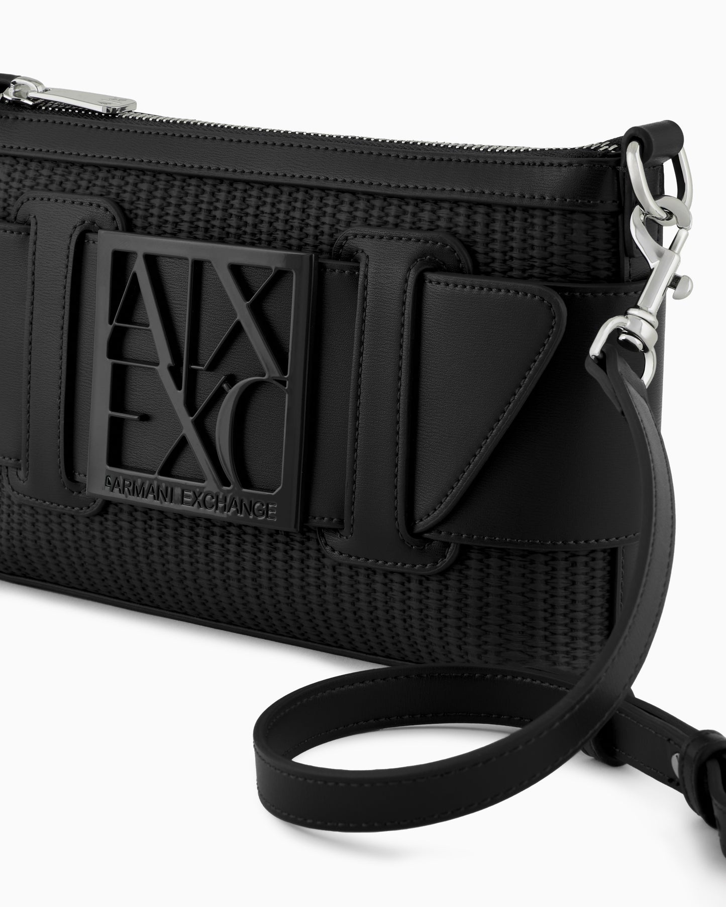 Woven Fabric Shoulder Bag with Logo (Black)