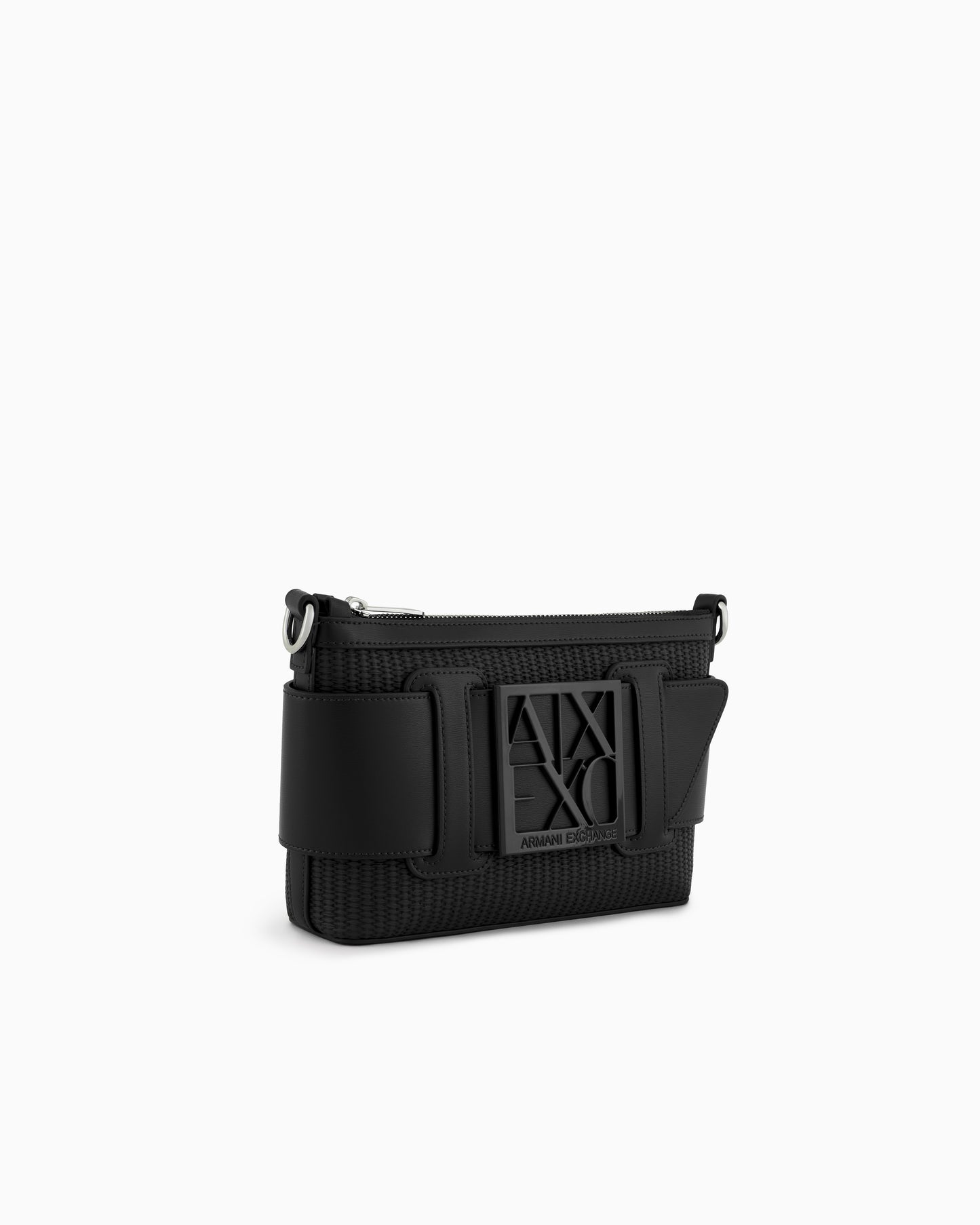 Woven Fabric Shoulder Bag with Logo (Black)