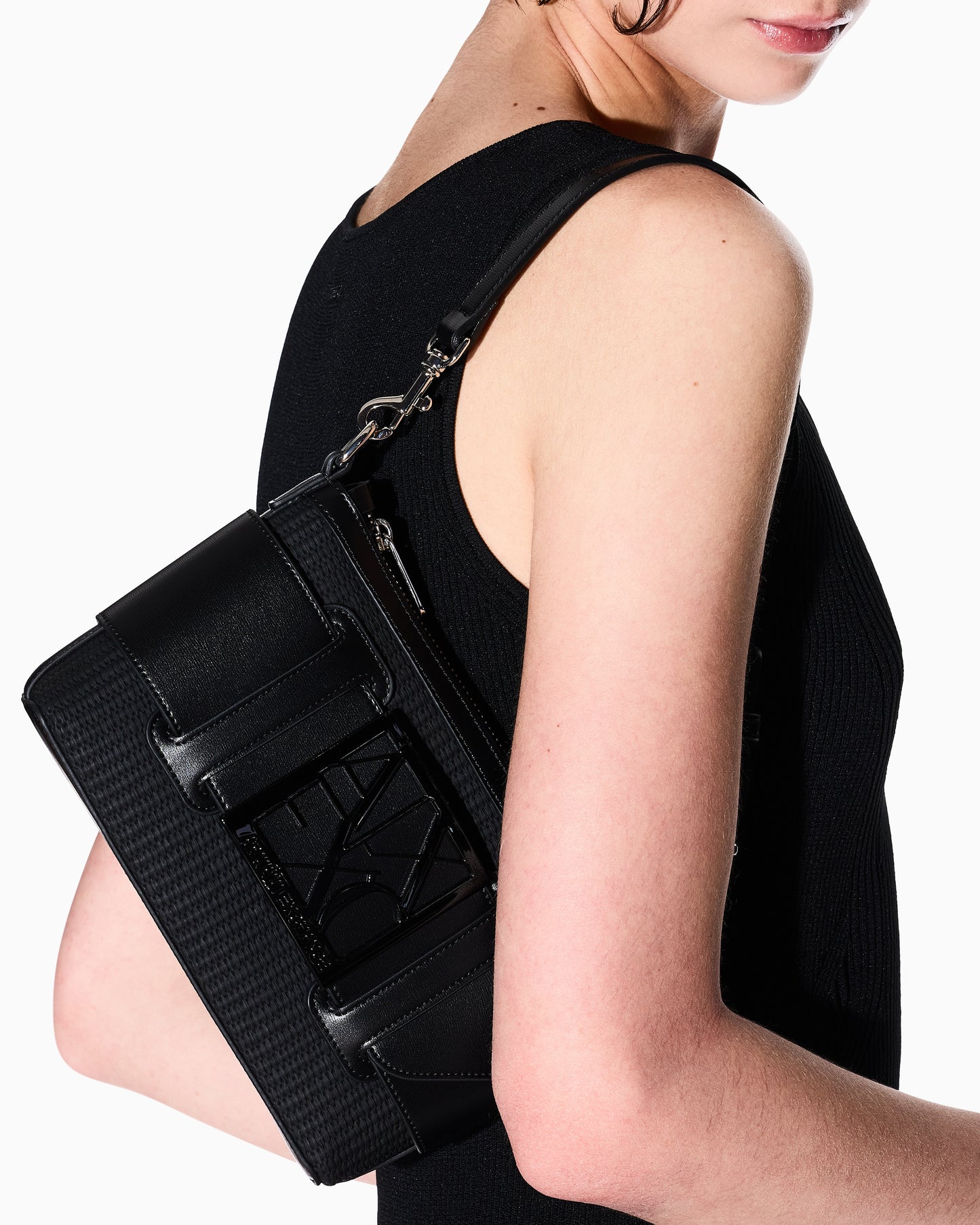 Woven Fabric Shoulder Bag with Logo (Black)
