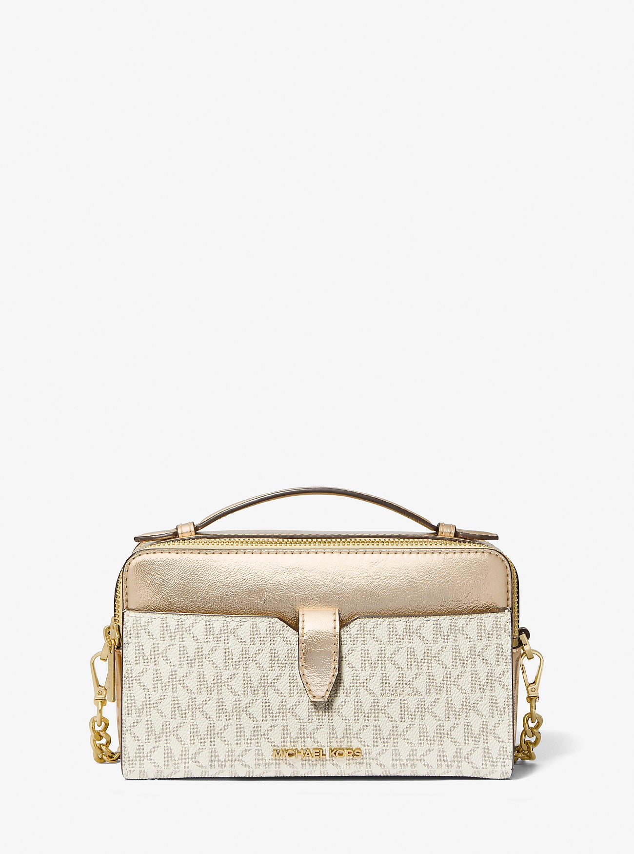 Jet Set Medium Signature Logo and Patent Double-Zip Crossbody Bag (Gold)