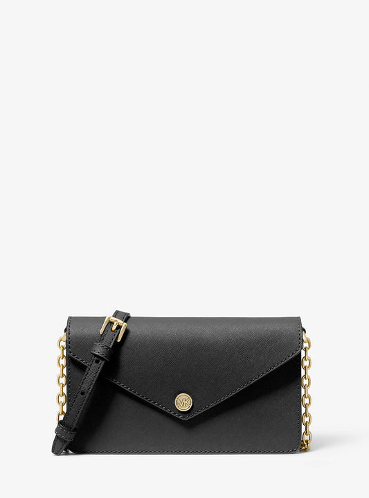 Small Saffiano Leather Envelope Crossbody Bag (Black)