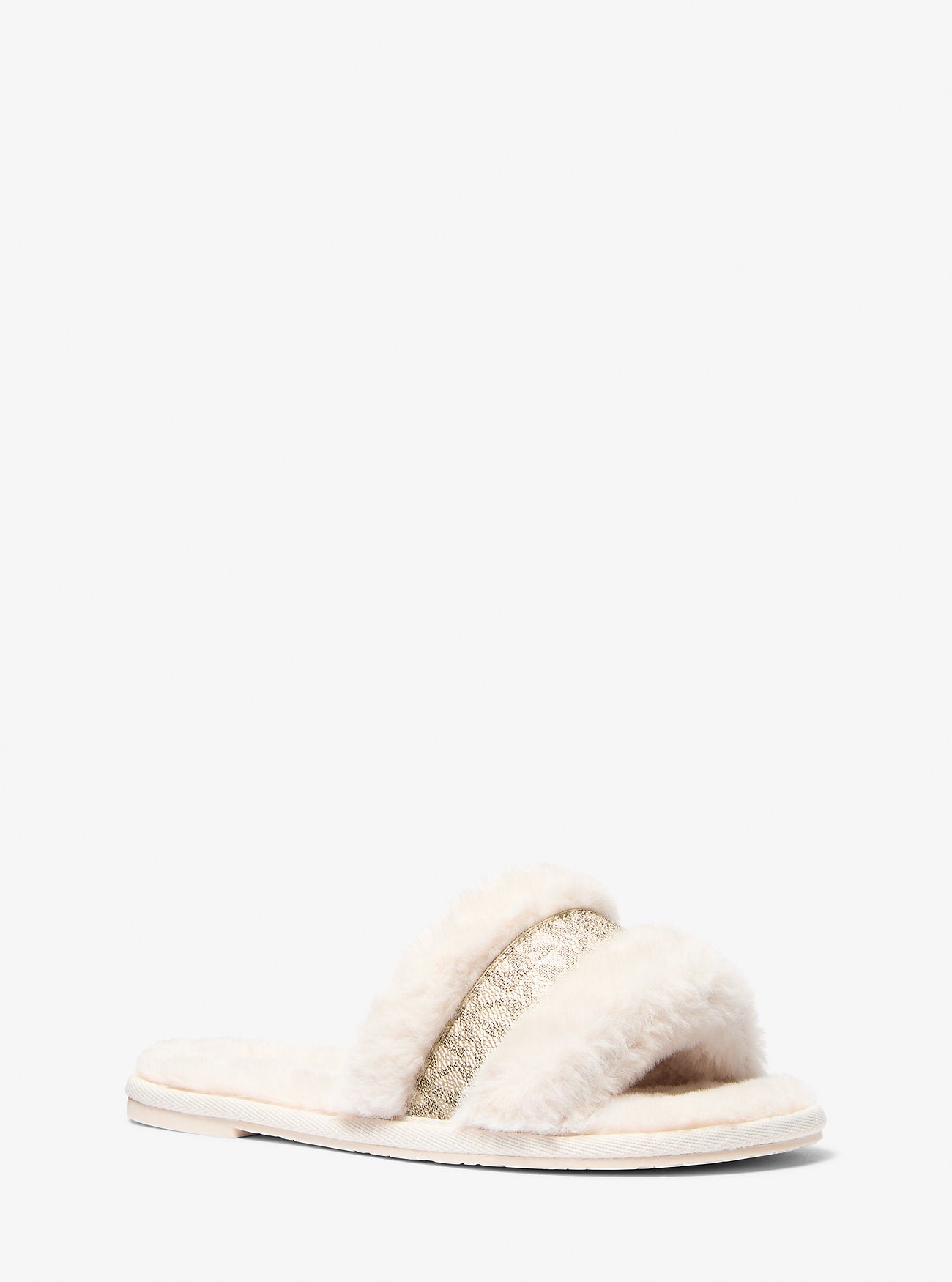 Alexis Faux Fur and Metallic Signature Logo Slide Sandal (White)