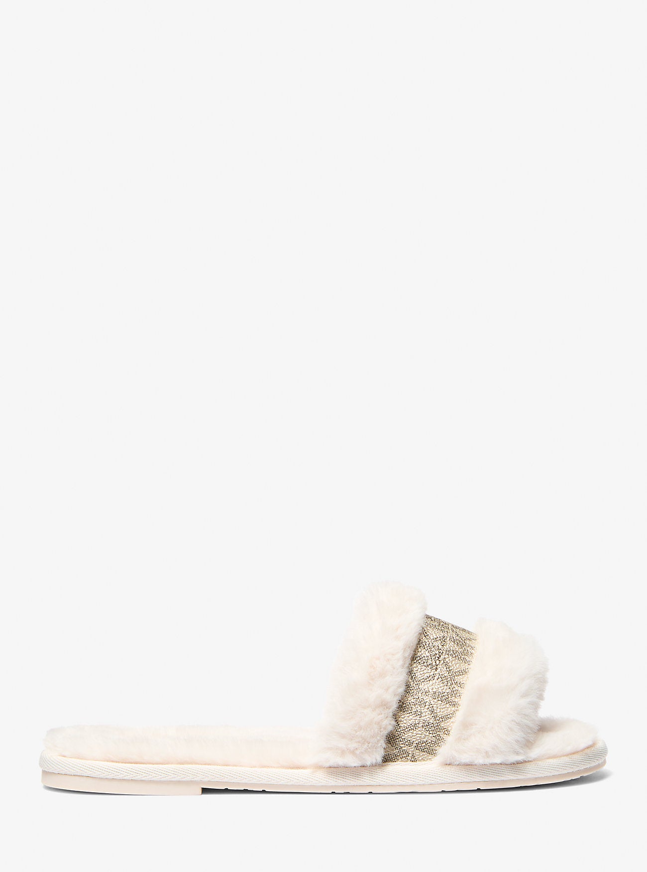 Alexis Faux Fur and Metallic Signature Logo Slide Sandal (White)