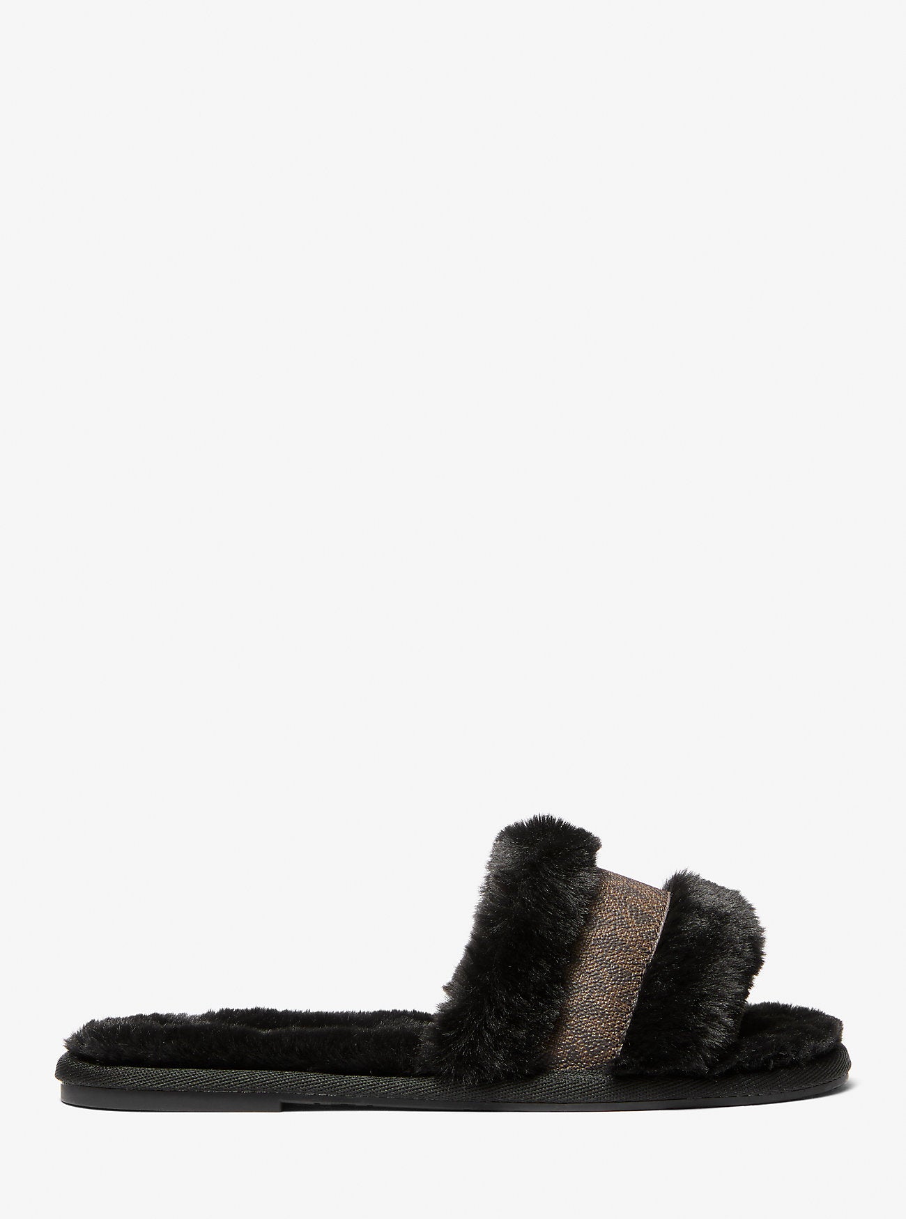 Alexis Faux Fur and Metallic Signature Logo Slides (Black / Brown)