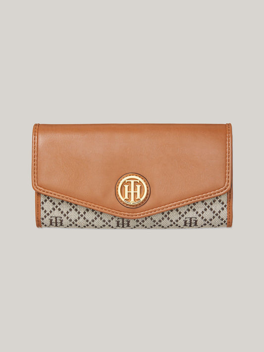 Gold-Tone Monogram Flap Wallet (Tan / Dark Chocolate)