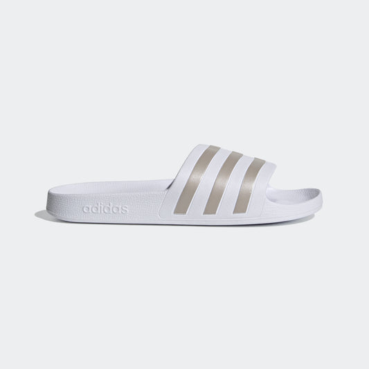 Adilette Aqua Slides (White / Platinum Metallic)
