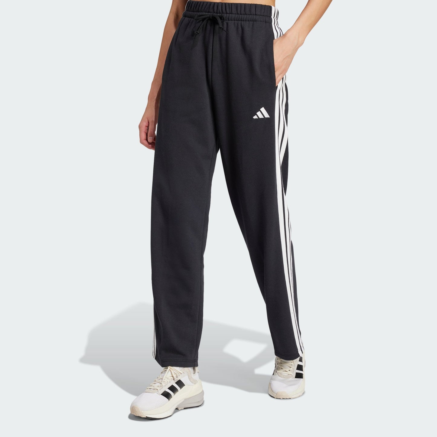 Essentials 3-Stripes Open Hem French Terry Pants (Black / White)