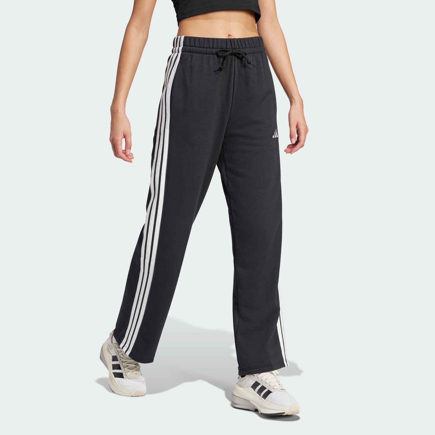Essentials 3-Stripes Open Hem French Terry Pants (Black / White)