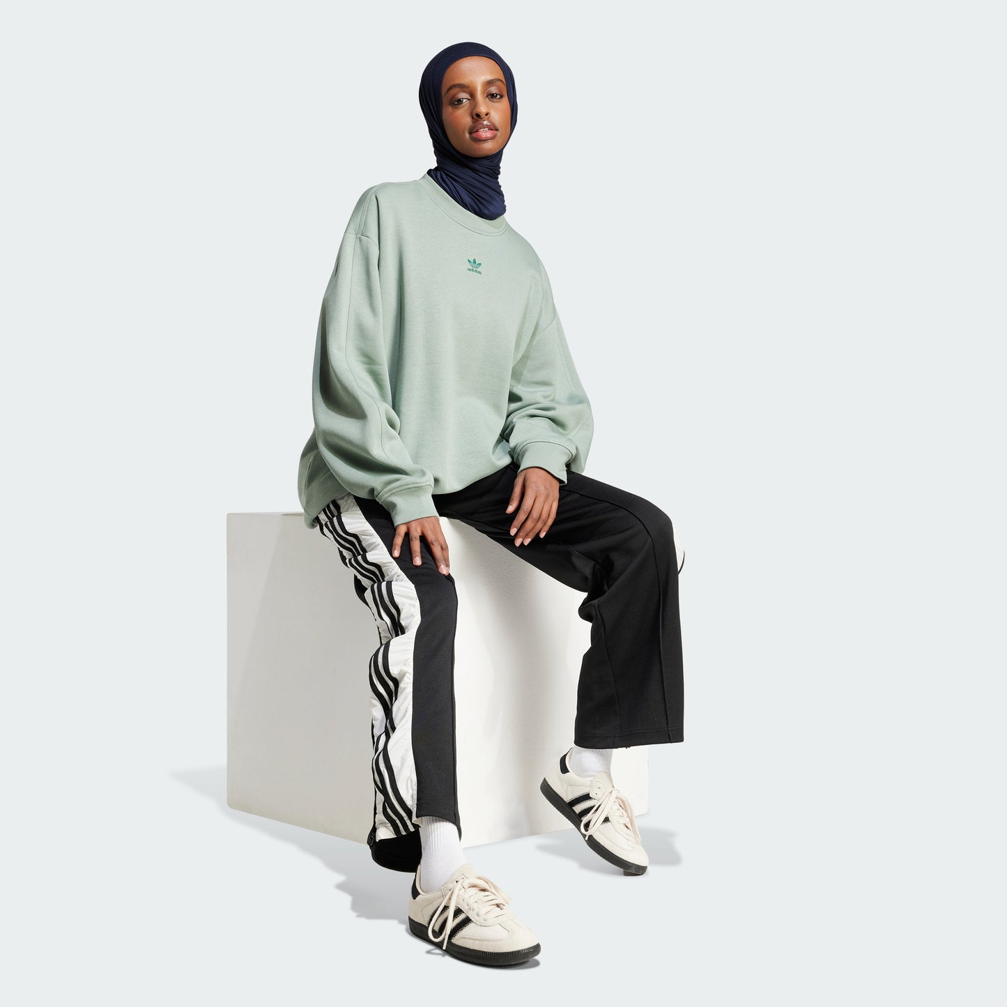 Essentials Fleece Long Oversized Crew Sweatshirt (Silver Green)