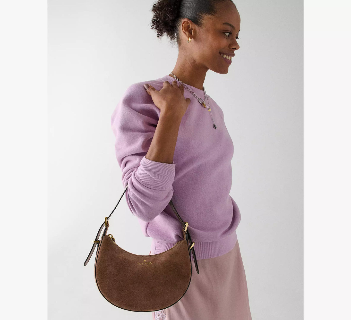 Nova Suede Small Crescent Shoulder Bag (Hot Fudge)