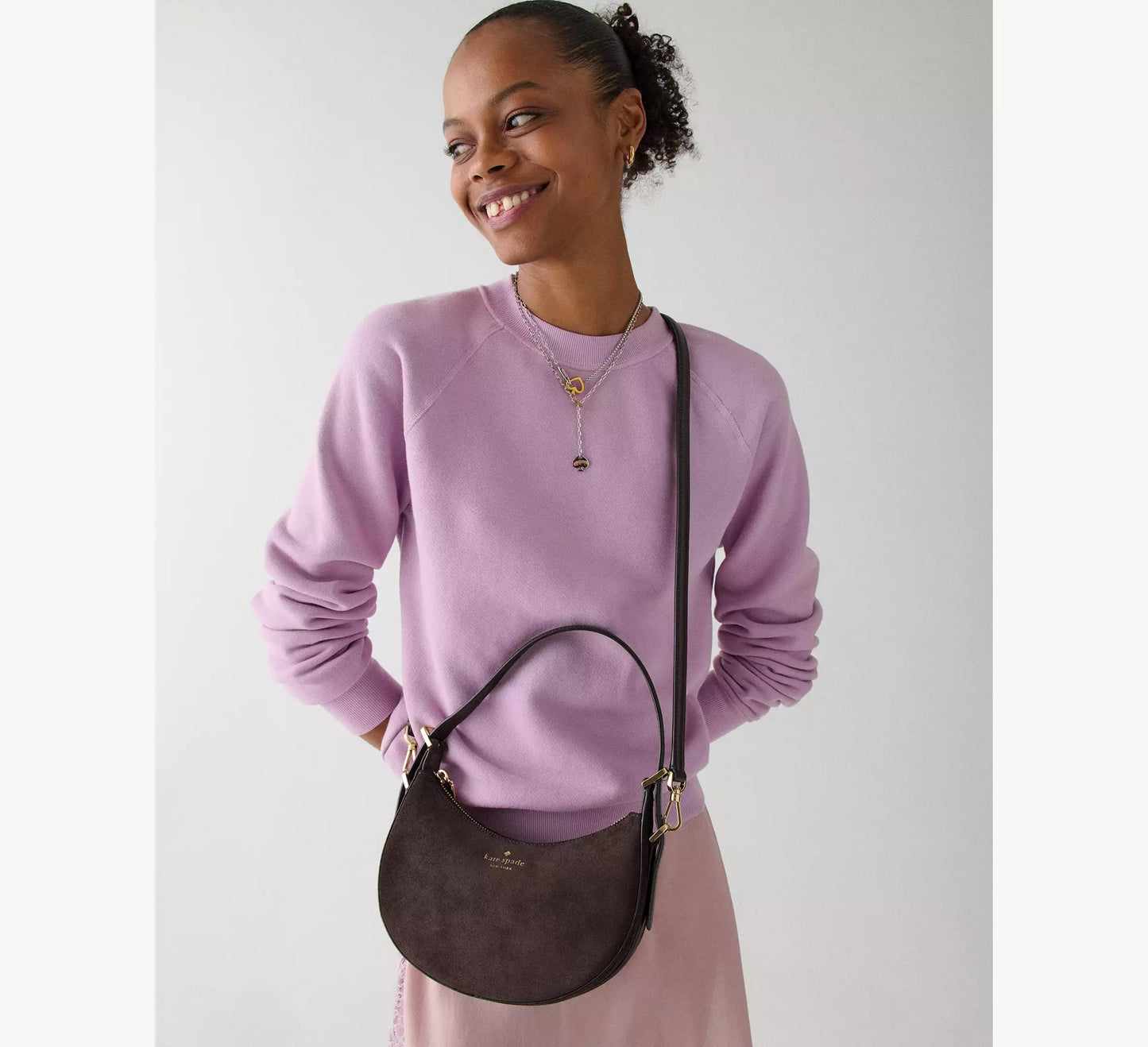 Nova Suede Small Crescent Shoulder Bag (Hot Fudge)