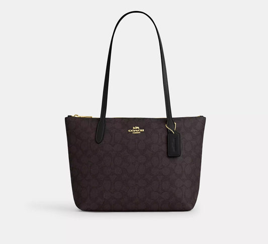 Fiona Zip Tote Bag In Signature Canvas (Gold/Walnut/Black)