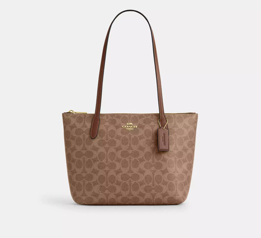Fiona Zip Tote Bag In Signature Canvas (Gold/Tan/Brown)